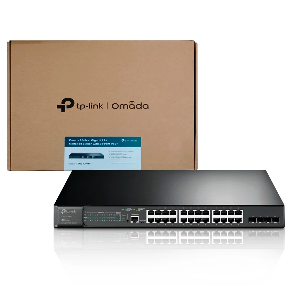 Switch Tp-Link 24 Portas, 10/100/1000 PoE+ e 4 Slots SFP, Rack e Mesa - TL-SG3428MP