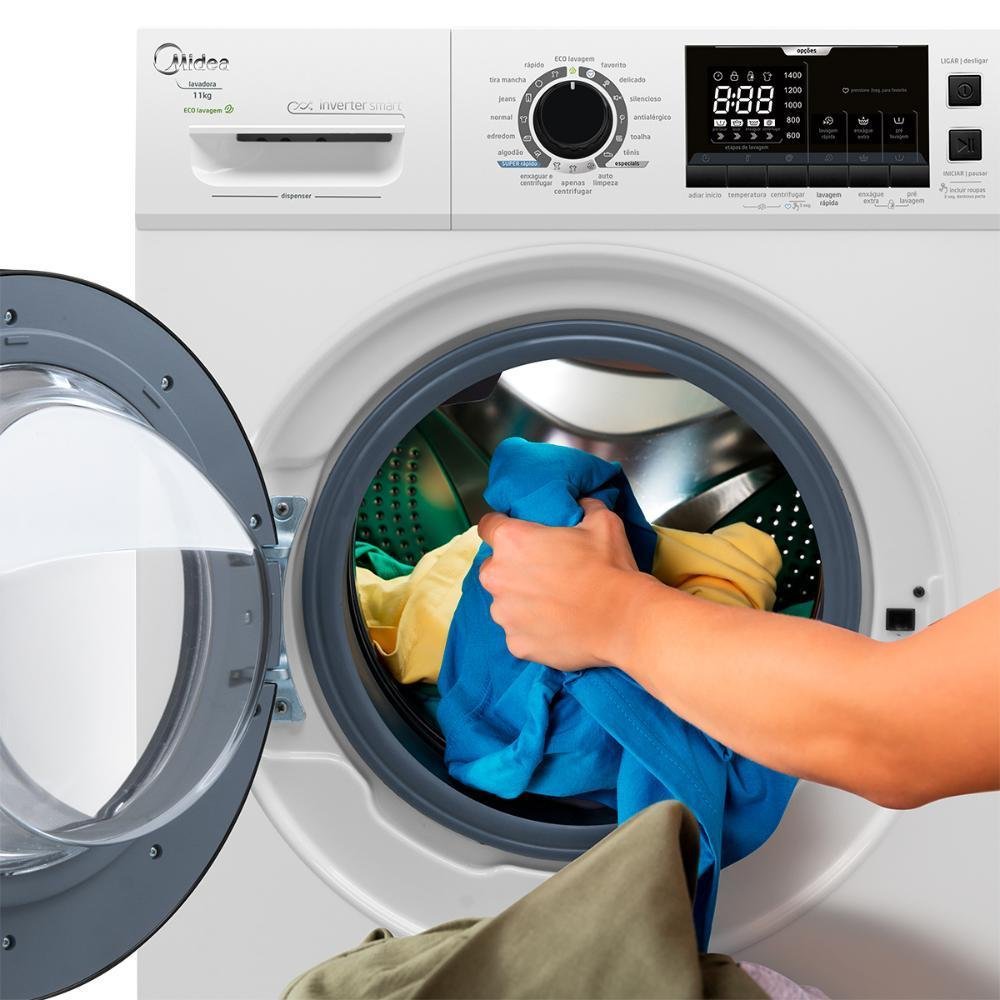 Máquina De Lavar Midea 11kg Storm Wash Inverter, Branca, Com Cesto Inox 110v - LFA11B1 Máquina De Lavar Midea 11kg Storm Wash Inverter, Branca, Com Cesto Inox 110v - LFA11B1