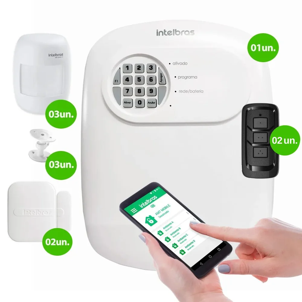 Kit Central De Alarme Anm 24 Net Intelbras + 2 Sensores Xas 4010 Smart + 3 Sensor Ivp 3000 Cf