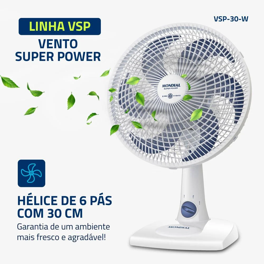 Ventilador de Mesa Mondial Super Power, 30cm, 3 Velocidades, 220V - VSP-30-W