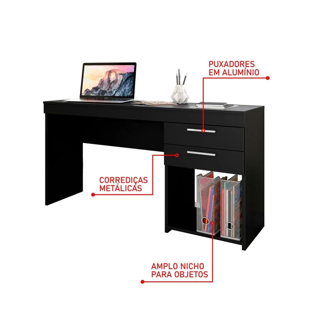 Mesa Para Computador Escrivaninha Home Office Estudos 2 Gavetas 1 Nicho Escritório Quarto Preta Mesa Para Computador Escrivaninha Home Office Estudos 2 Gavetas 1 Nicho Escritório Quarto Preta