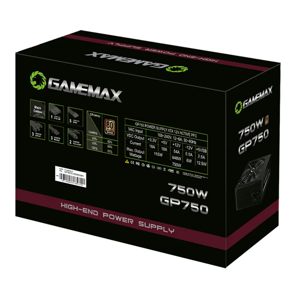 Fonte Gamemax ATX, 750W, 80 Plus Bronze, PFC Ativo, Preta - GP750