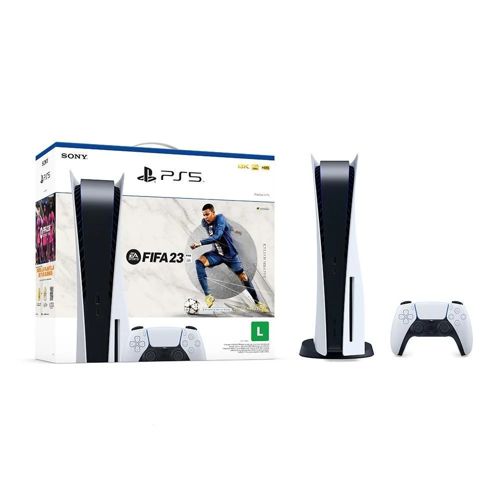 Console Sony Playstation 5, 825GB, Controle Dual Sense, Com Mídia Física + FIFA 23, Branco Console Sony Playstation 5, 825GB, Controle Dual Sense, Com Mídia Física + FIFA 23, Branco