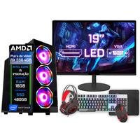 PC Gamer Completo Intel I5 3a Geração, 16GB, AMD RX 550 4GB, SSD 480GB, Windows 10, Preto + Monitor 19 Polegadas + Kit Gamer Teclado Mouse