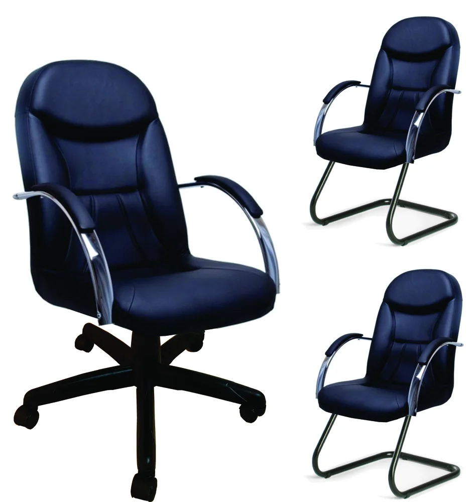 Kit 3 Cadeiras Ergodecor Escritório Day suporta até 130kg Preta Base Preta, 1 Giratória + 2 Fixas, 100% Nacional