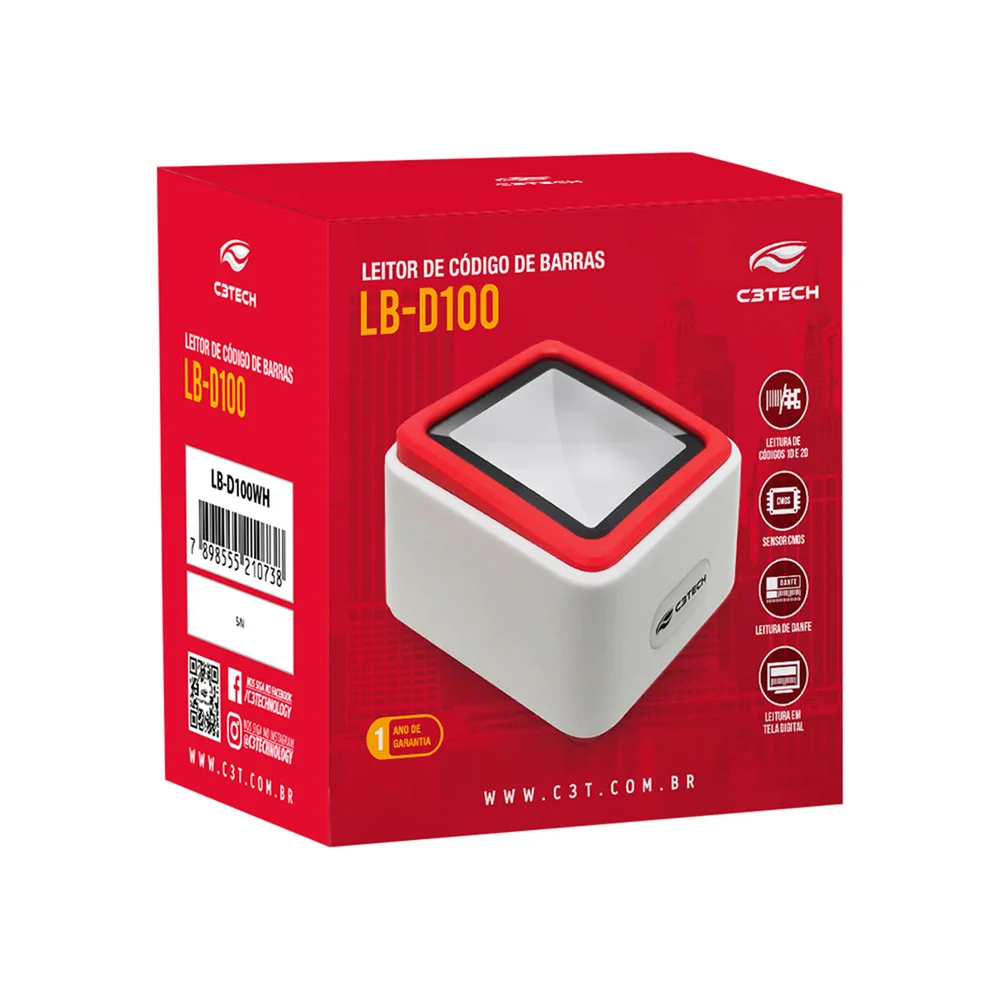 Leitor De Código De Barras De Mesa C3tech Lb-d100wh, USB, 1d/2d, 300 Scans/seg, Sensor Cmos