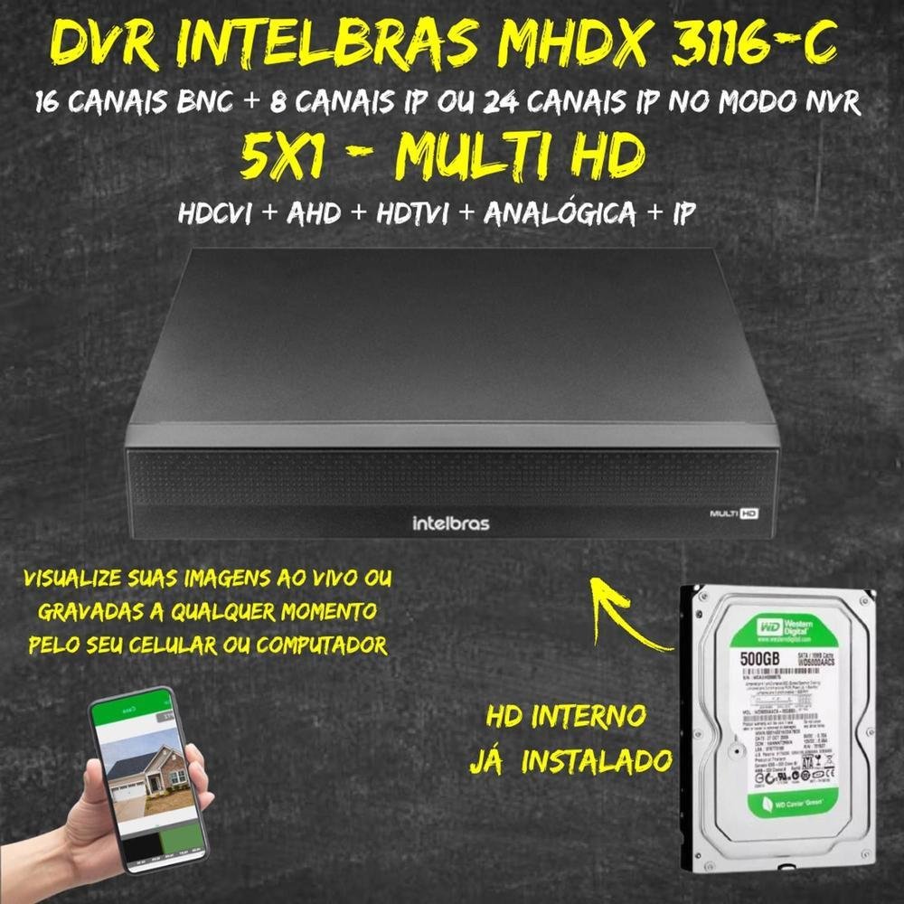 Kit Intelbras, Dvr Mhdx 3116-c, 16 canais + HD 500GB