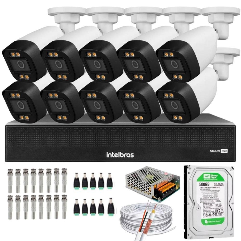 Kit 10 Câmeras Segurança Intelbras, Color 1080p, 2.8mm Dvr, 500GB