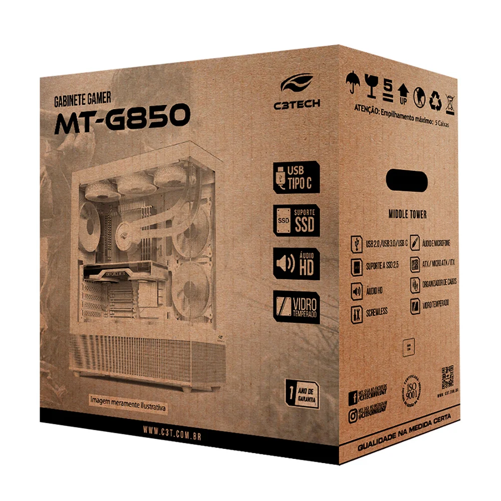 Gabinete Gamer C3tech Mt-g850wh Mid Tower, Vidro Temperado Gabinete Gamer C3tech Mt-g850wh Mid Tower, Vidro Temperado