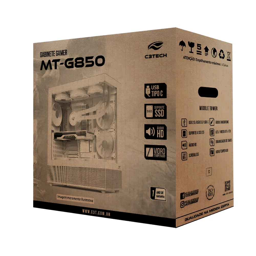 Gabinete Gamer C3tech Mt-g850wh Mid Tower, Vidro Temperado Gabinete Gamer C3tech Mt-g850wh Mid Tower, Vidro Temperado
