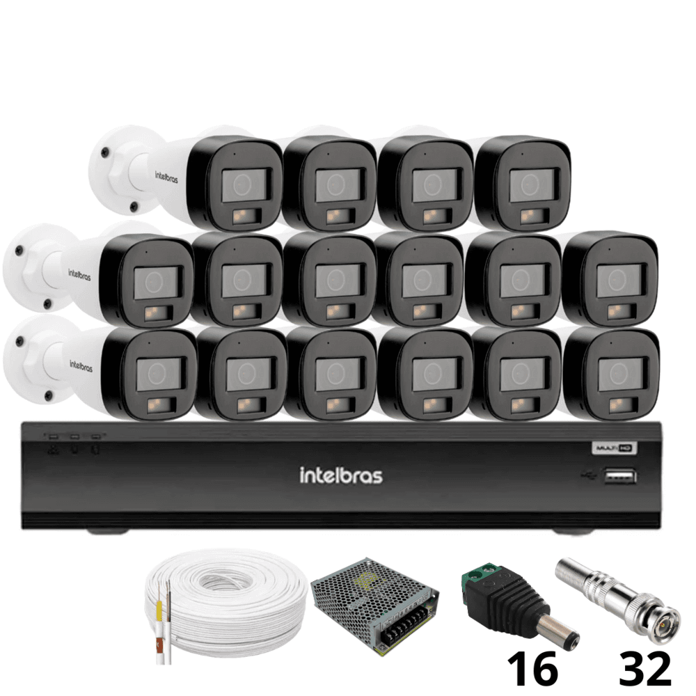 Kit 16 Câmeras Intelbras 3220b Full Color Com Áudio Dvr Intelbras Imhdx 3132 Inteligência Artificial Sem Hd