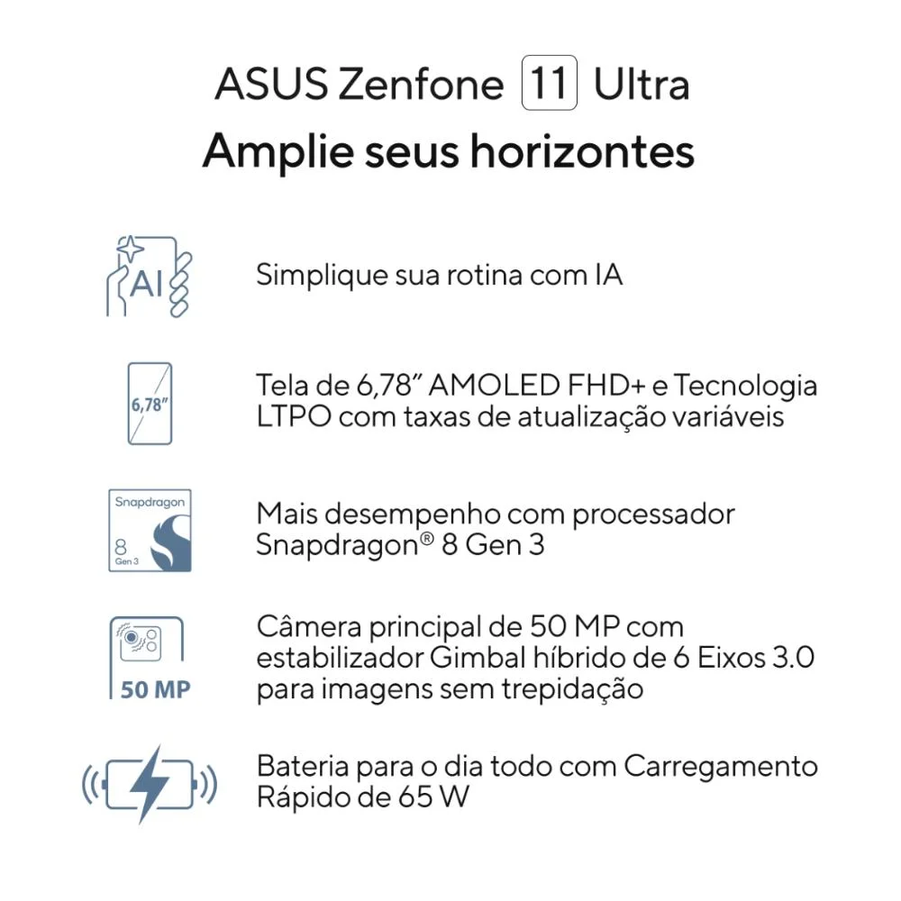 Smartphone Asus Zenfone 11 Ultra Snapdragon 8 Gen3 5g 256gb 12gb Ram Tela 6,78" AmoLED Câm Tripla+self 32mp Black Smartphone Asus Zenfone 11 Ultra Snapdragon 8 Gen3 5g 256gb 12gb Ram Tela 6,78" AmoLED Câm Tripla+self 32mp Black