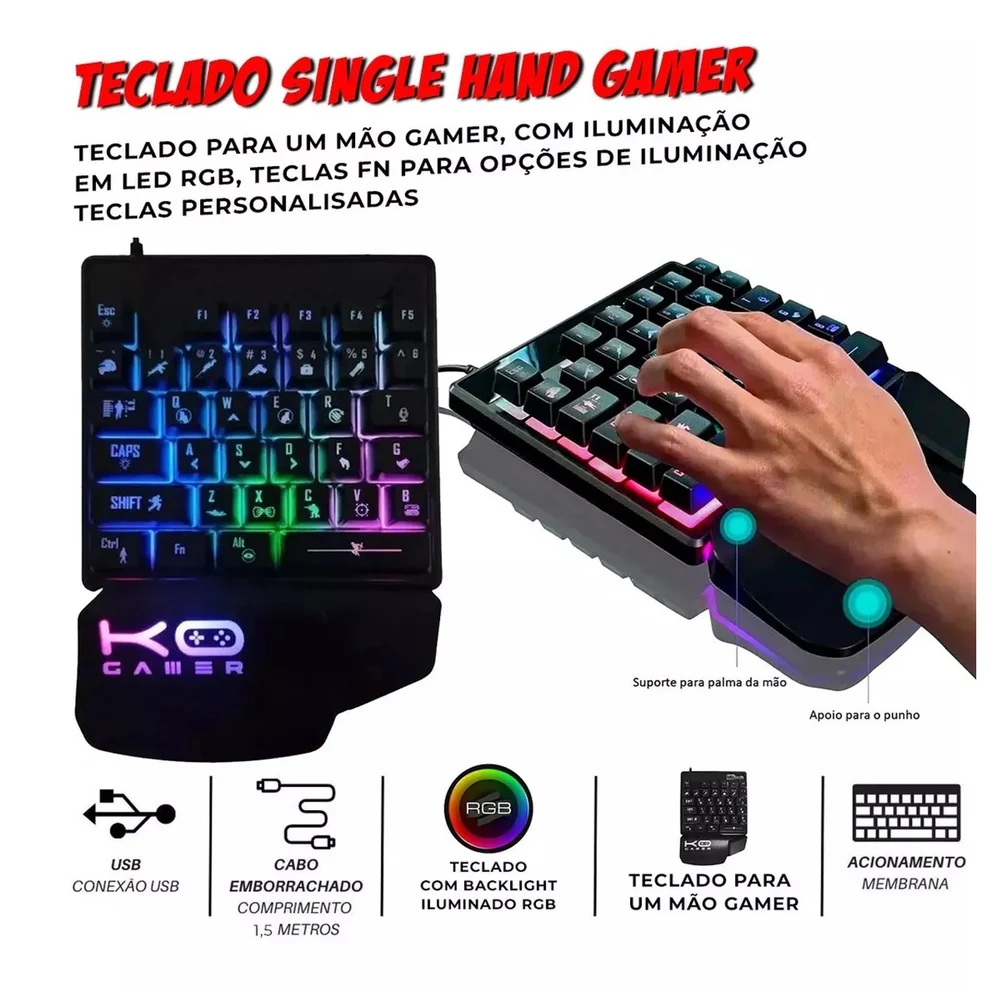 Kit Mobilador Gamer Completo Teclado One Hand Uma Mão Mouse Mousepad Suporte Para Celular em Campinas - foto 3