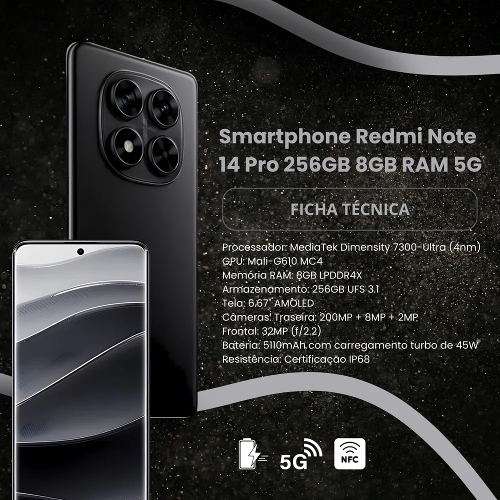 Smartphone Xiaomi Redmi Note 14 Pro, 5G, 256GB, 8GB RAM, Bateria 5500mah, Câmera 200mp, Preto - view 2