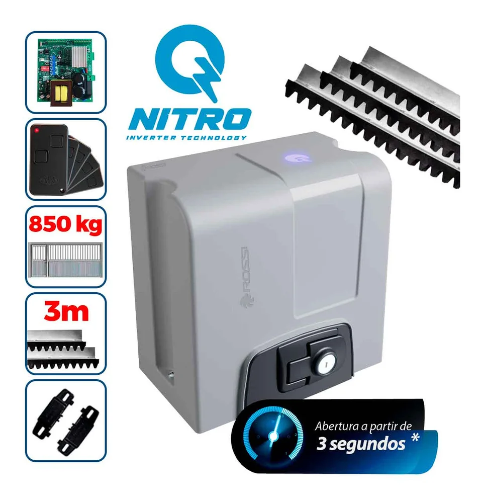 Kit Motor Rossi Dz4 Nitro Bivolt Para Portão 850kg Deslizante 5 Controles + 3 Metros De Cremalheira Kit Motor Rossi Dz4 Nitro Bivolt Para Portão 850kg Deslizante 5 Controles + 3 Metros De Cremalheira