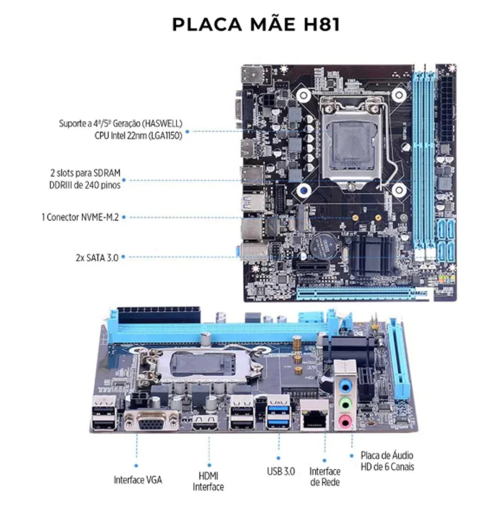 Placa Mãe LGA 1150 Chipset Intel H81 16gb Ddr3 Nvme Usb 3.0 HDMI Placa Mãe LGA 1150 Chipset Intel H81 16gb Ddr3 Nvme Usb 3.0 HDMI