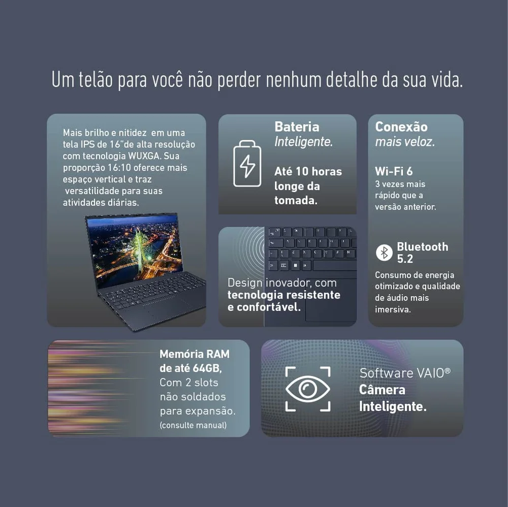 Notebook Vaio Fe16 Amd® Ryzen 5-5625u WINDOWS 11 Home 16gb Ram 512gb SSD 16” Ips Wuxga Antirreflexo - Cinza Grafite Notebook Vaio Fe16 Amd® Ryzen 5-5625u WINDOWS 11 Home 16gb Ram 512gb SSD 16” Ips Wuxga Antirreflexo - Cinza Grafite