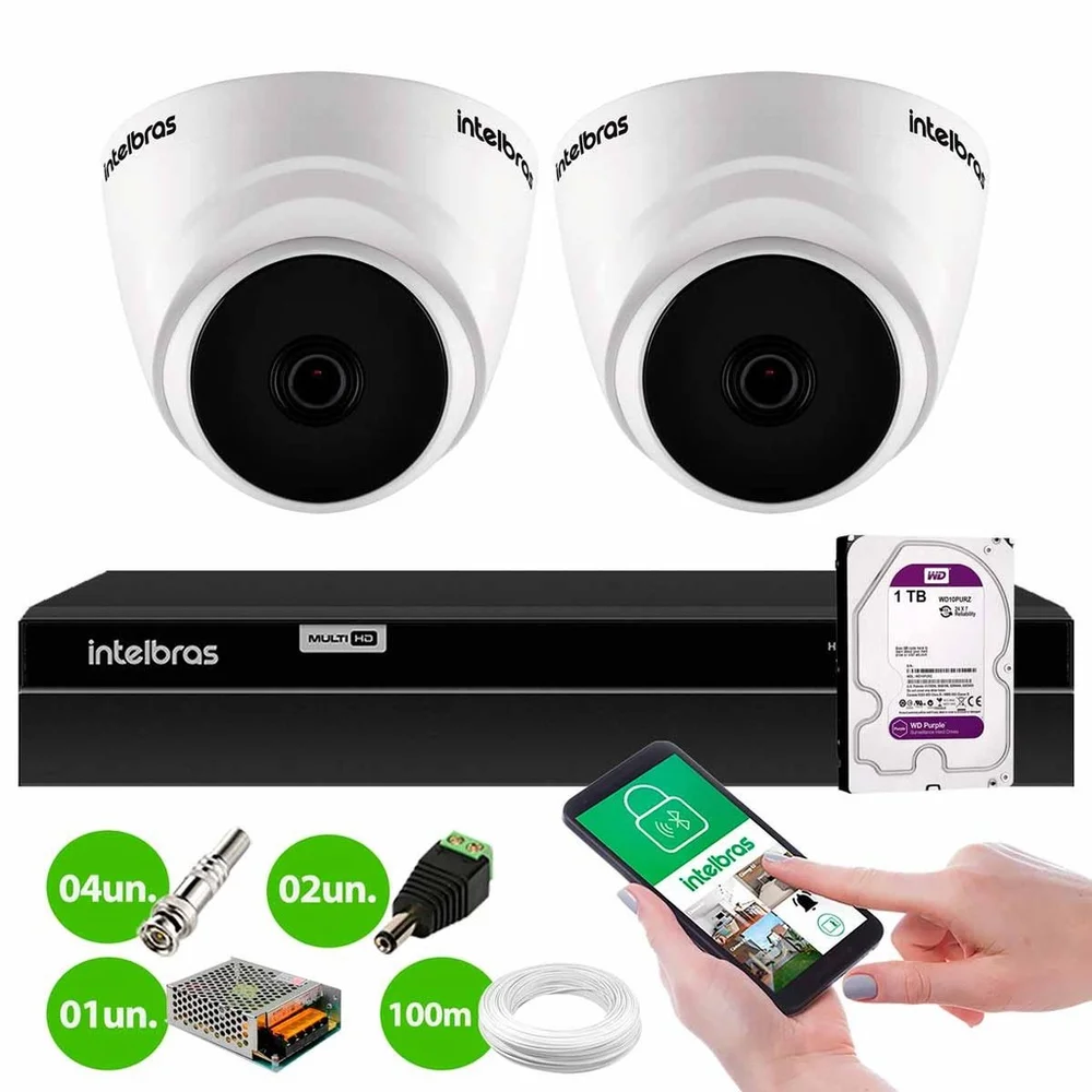 Kit 2 Câmeras Intelbras Vhd 1120 Dome G7 Hd 720p Visão Noturna 20m + Dvr Mhdx 1304 4 Canais + Hd 1TB