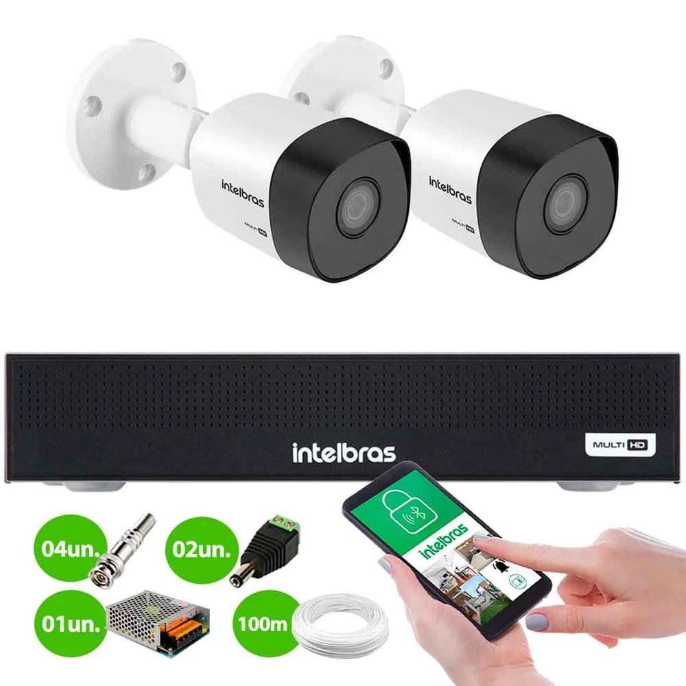 Kit 2 Câmeras Intelbras 3130 B G7 Hd 720 Multi Hd Visão Noturna 30m + Dvr Mhdx 1104-c 4 Canais