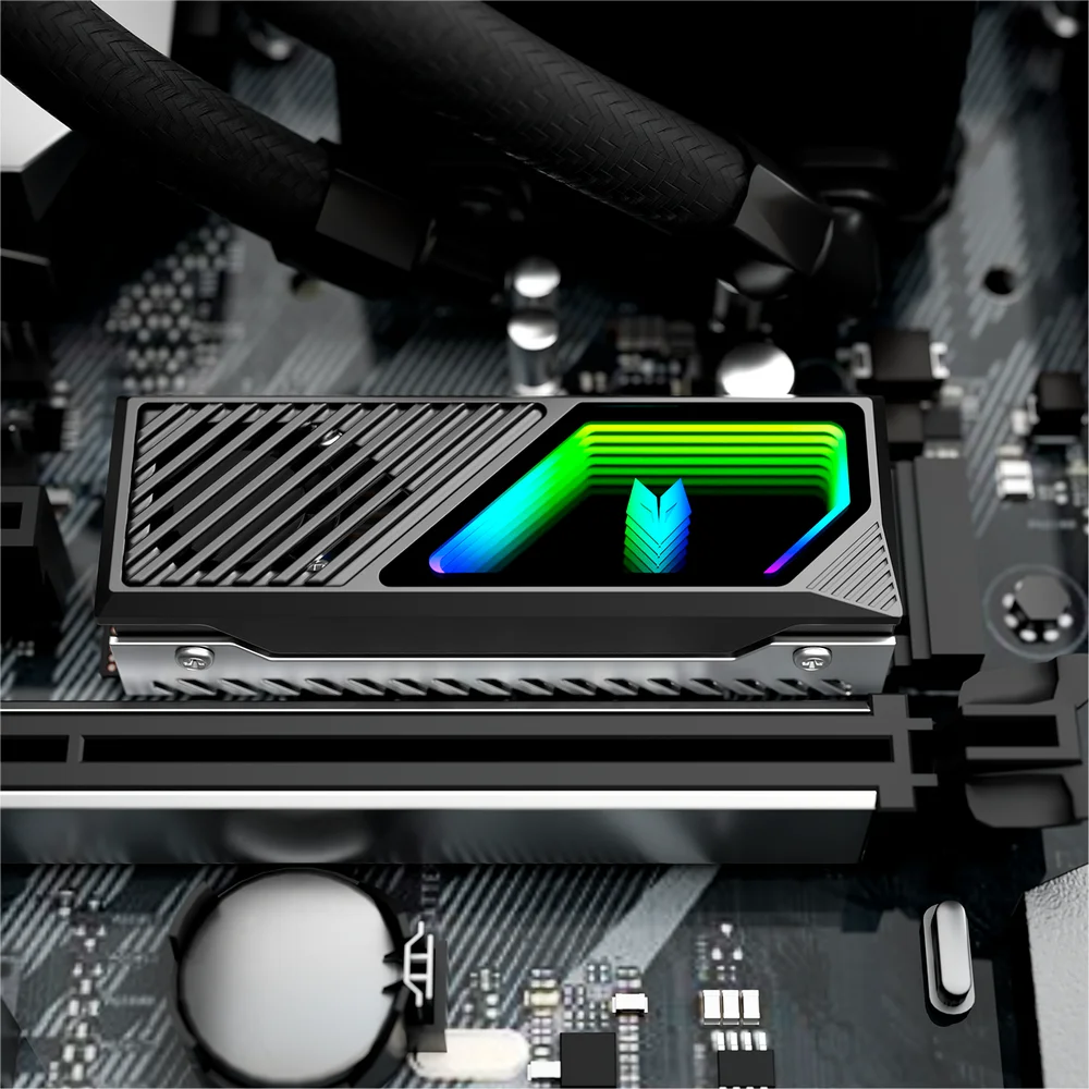 Dissipador de Calor para SSD Nvme, M.2 (2280), Com Ventilador, LED Infinito ARGB 5v 3 Pinos, Alumínio, Coolmoon CM-M2F Dissipador de Calor para SSD Nvme, M.2 (2280), Com Ventilador, LED Infinito ARGB 5v 3 Pinos, Alumínio, Coolmoon CM-M2F