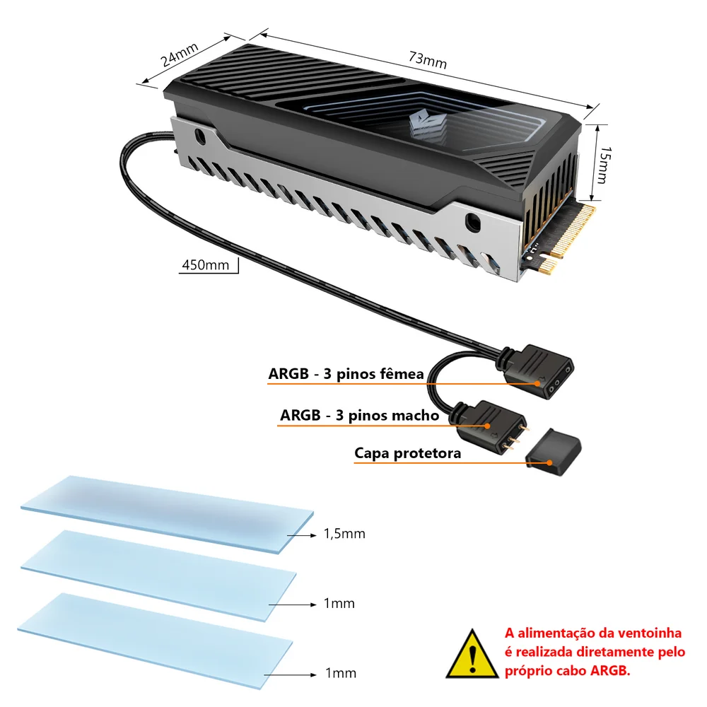 Dissipador de Calor para SSD Nvme, M.2 (2280), Com Ventilador, LED Infinito ARGB 5v 3 Pinos, Alumínio, Coolmoon CM-M2F Dissipador de Calor para SSD Nvme, M.2 (2280), Com Ventilador, LED Infinito ARGB 5v 3 Pinos, Alumínio, Coolmoon CM-M2F