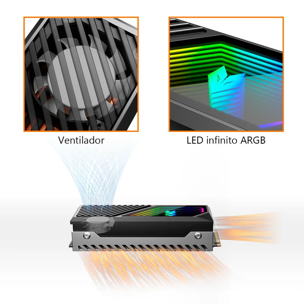 Dissipador de Calor para SSD Nvme, M.2 (2280), Com Ventilador, LED Infinito ARGB 5v 3 Pinos, Alumínio, Coolmoon CM-M2F Dissipador de Calor para SSD Nvme, M.2 (2280), Com Ventilador, LED Infinito ARGB 5v 3 Pinos, Alumínio, Coolmoon CM-M2F