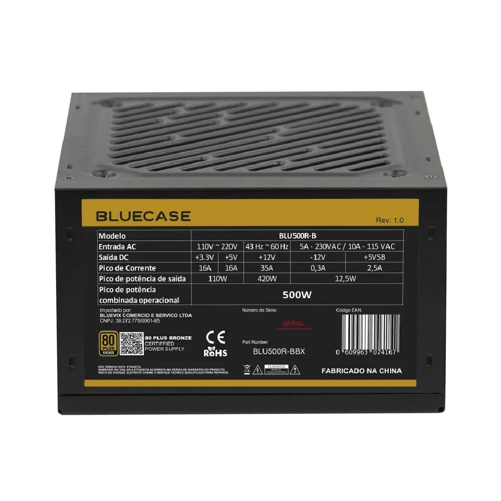 Fonte De Alimentação Bluecase Atx Ps/2 500w 80 Plus Bronze Pfc Ativo C/cabo - Blu500r-bbx