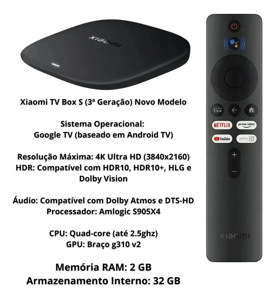 Xiaomi Tv Box S 4k Ultra Hd (3ª Geração) Mdz-32-aa 2gb, Ram 32gb, Memória, Wi-fi 6, Dolby Vision/atmos, Hdr10+, Dts-x, Preto