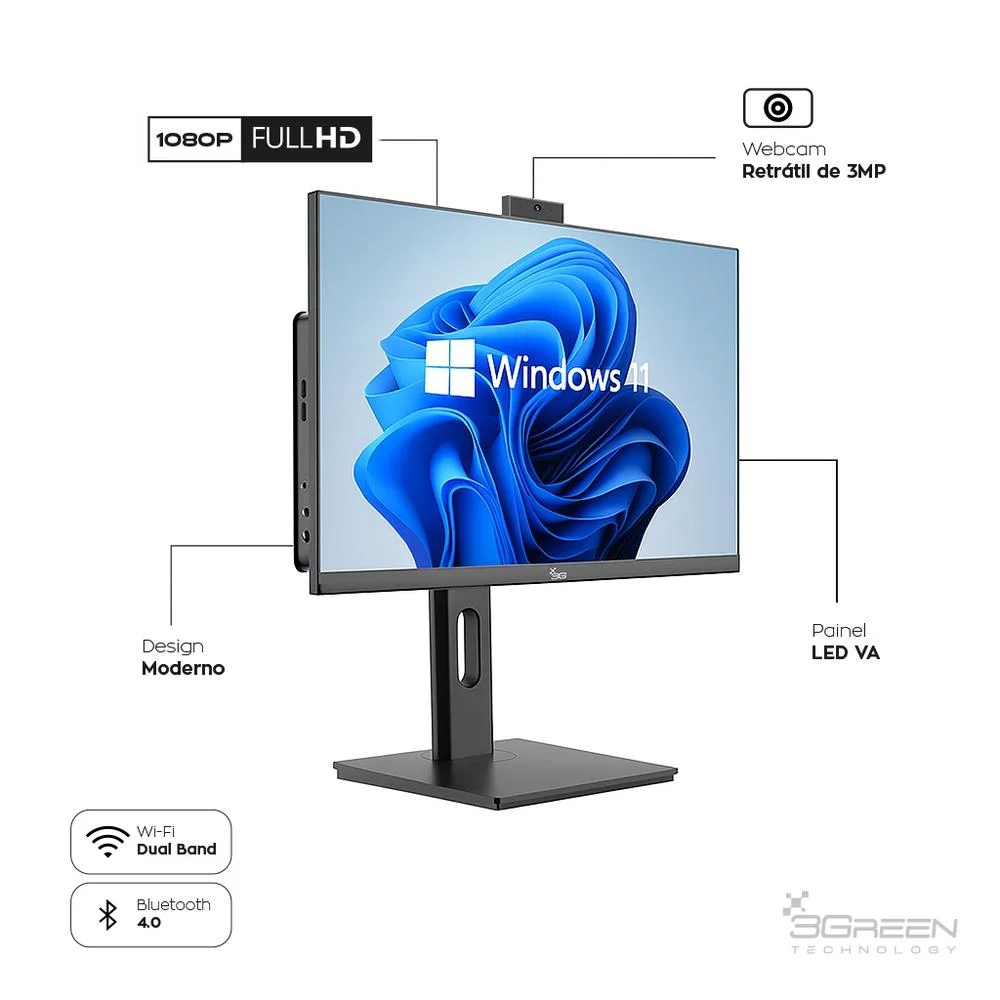 "Computador All In One 24"" Preto, Intel i5 9400, 8GB, SSD 256gb, WINDOWS 11  , Webcam, Wi-fi, 3green Unique" em Campinas - foto 3