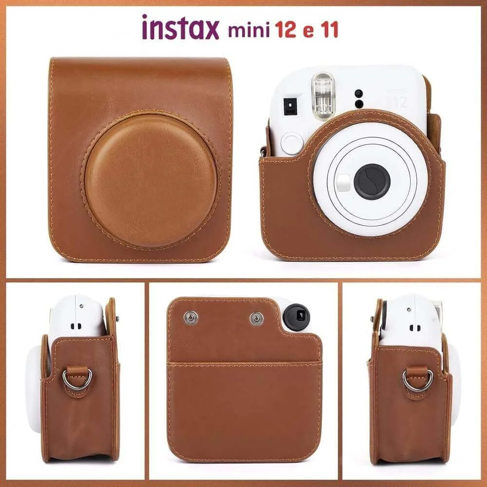 Bolsa Case de Couro Sintético para Câmera Instax Mini 12 e 11 – Estojo Proteção Elegante e Compacto, Acessório Ideal para Armazenamento Seguro
